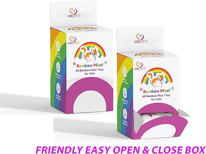 60 Rainbow Mice with Catnip and Rattle Sound Made of Real Rabbit Fur Interactive Catch Play Mouse Toy for Cat, Box of 60 Mice