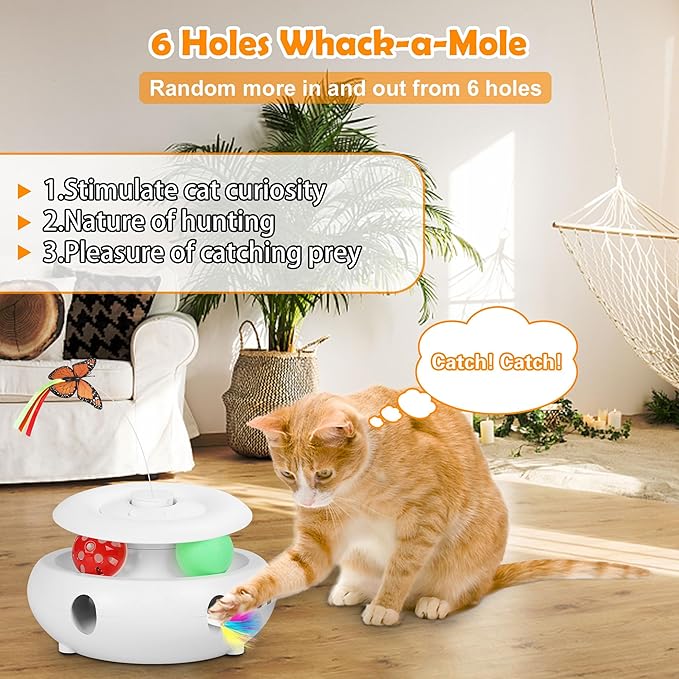 3-in-1 Interactive Cat Toys for Indoor Cats, Automatic 6 Holes Mice Whack-A-Mole, Fluttering Butterfly, Track Balls, USB Rechargeable, Ultra Fun Smart Interactive Kitten Toy (Ivory White)