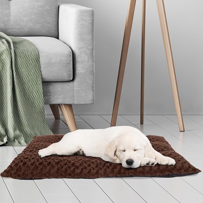 PETMAKER Pet Bed – 32x19 Dog Pillow and Crate Pad with Faux Fur Sleep Surface and Non-Slip Bottom – Machine Washable Dog Bed (Brown)