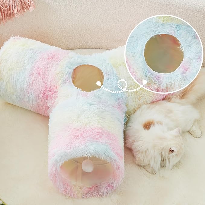 Tempcore Plush Pet Cat Tunnel Tube Cat Toys 3 Way Collapsible, Cat Tunnels for Indoor Cats，Kitty Tunnel Bored Cat Pet Toys Peek Hole Toy Ball Cat, Puppy, Kitty, Kitten, Rabbit Rainbow