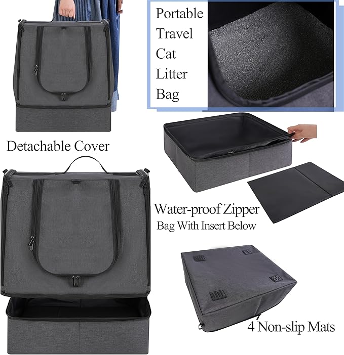 apollo walker Portable Cat Travel Litter Box with Zipped Waterproof Bag,No Collapse with Hard Base Insert at Bottom, No Leakage, No Smell, Easy to Carry, Easy to Use in Hotels, Car Gray