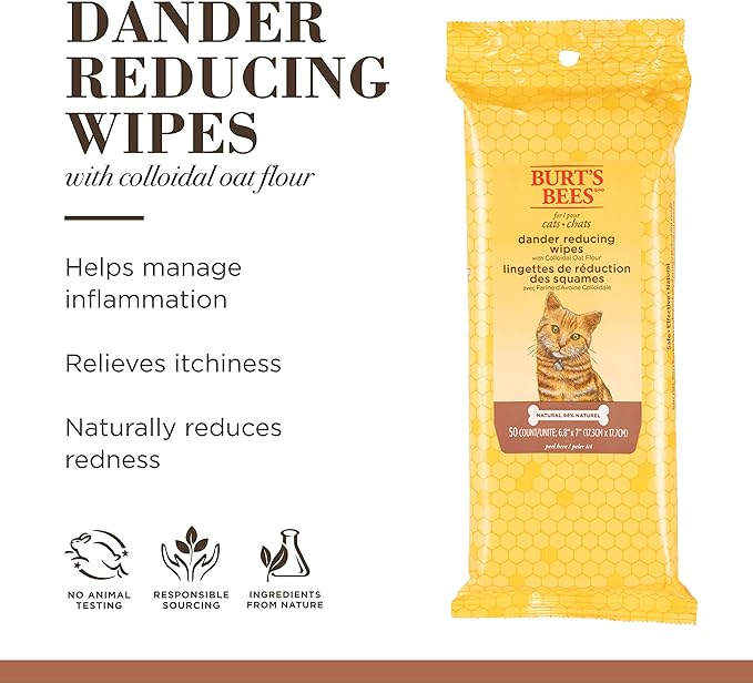 Burt's Bees for Pets For Cats Natural Dander Reducing Wipes | Kitten and Cat Wipes For Grooming, | 50 Count - 6 Pack (FF7372CP6)