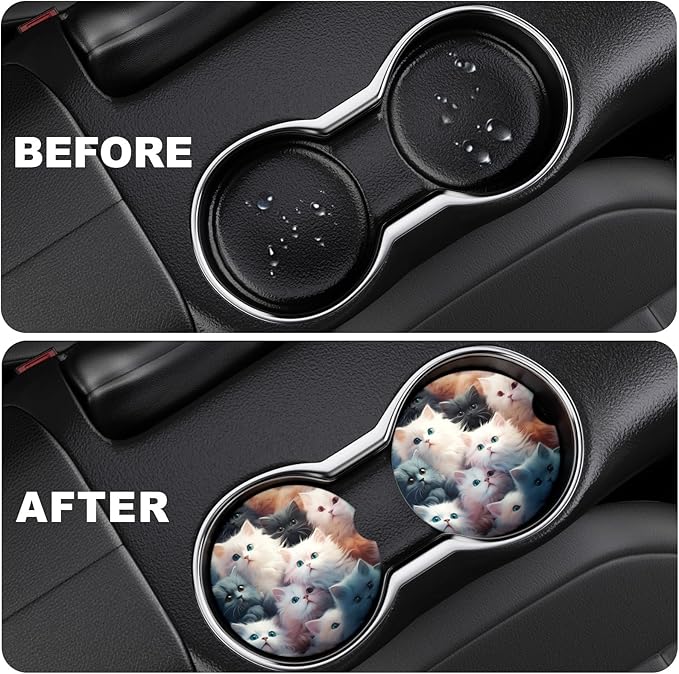 2 Pack Car Cup Holder Coasters, 2.63 inch Anti Slip Insert Absorbent Ceramic Coasters with Cork Base and Finger Notch, Cute Car Accessories Interior for Women