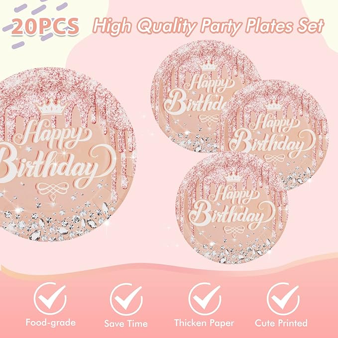 41Pcs Rose Gold Birthday Party Decorations - Pink Rose Gold Theme Supplies - Includes 20 Plates, 20 Napkins and 1 Tablecloth for Girls Women
