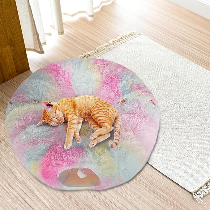 KOMUSMO Cat Tunnel Bed with Central Mat and Hanging Ball Toy, Multifunctional Large Cat Bed Cave Donut for Indoor Cats, Soft Plush Fluffy Collapsible Peekaboo Cave for Small Medium Large Cats Kittens