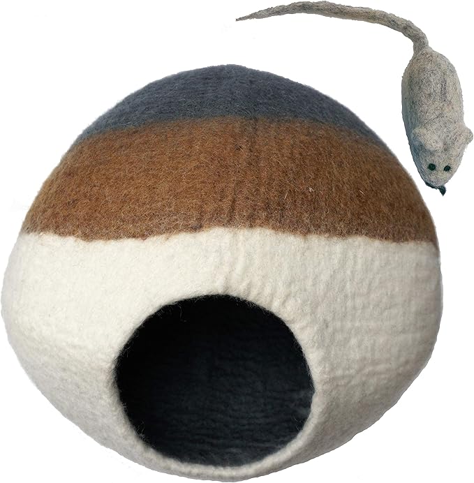 100% Wool Felt Cat Cave Bed Handmade in Nepal with Free Mouse Toy Included (Gray/Tan/Cream)