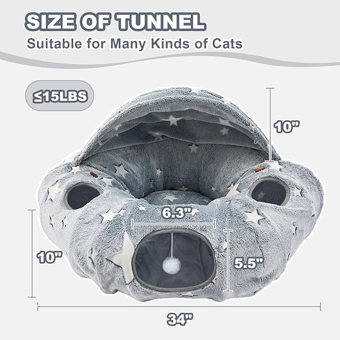 JIUPETY Cat Tunnel Bed with Soft Plush Mat, Collapsible Tube Playground, Cat Cave Bed Tunnel for Indoor Cats, Kitten, Rabbit, Ferret, Fluffy Plush Material, Includes Dangling Balls, Cave Grey A