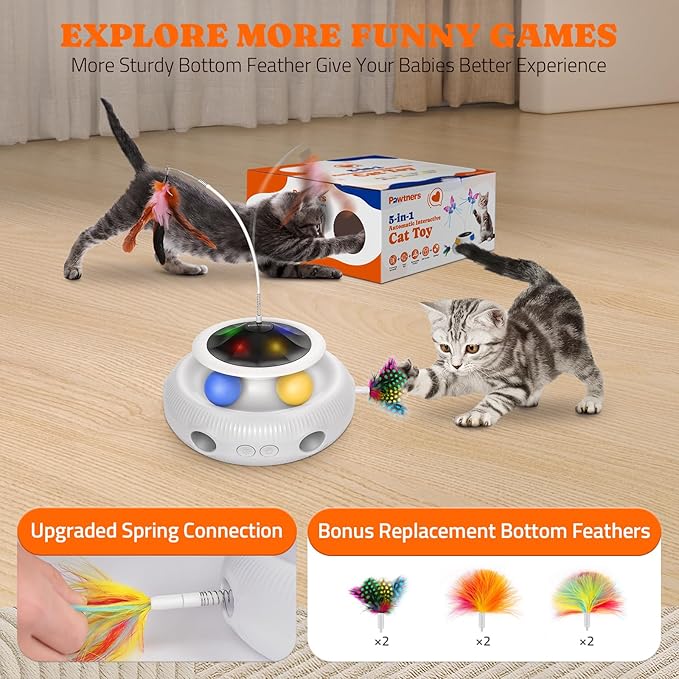 Pawtners Interactive Cat Toy: 4 in 1 Automatic Interactive Kitten Toys for Indoor Cats Rechargeable with Fluttering Butterfly, Track Balls and Ambush Feather