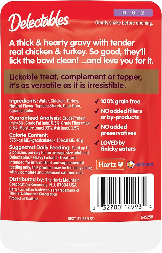 Hartz Delectables Gravy Non-Seafood Lickable Wet Cat Treat & Food Topper, Chicken & Turkey, 12 Pack, 1.40 Ounce (Pack of 12)