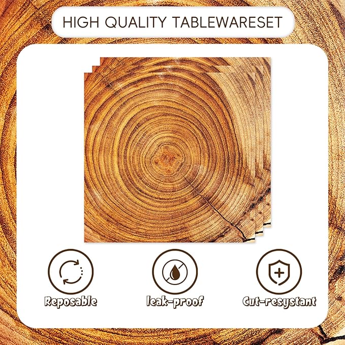 48Pcs Wood Grain Slice Party Decorations Camping Hunting Tableware Set Disposable Wood Plates Napkins Forks Serves 16 Rustic Wood Slice Baby Shower Birthday Party Decorations