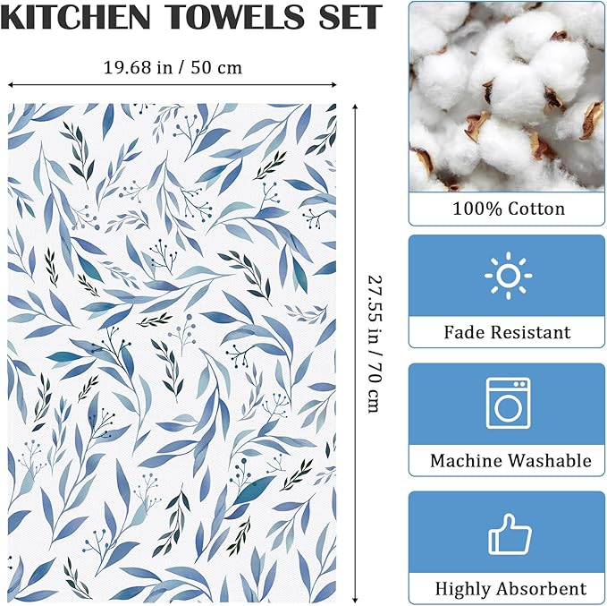 Blue Flower Leaves Tea Towels, 100% Cotton Kitchen Towel Set 20×27.5inch, Multi-Purpose Quick Dry Dish Towels Dishcloths Hand Towels Bar Towels(Set of 4)