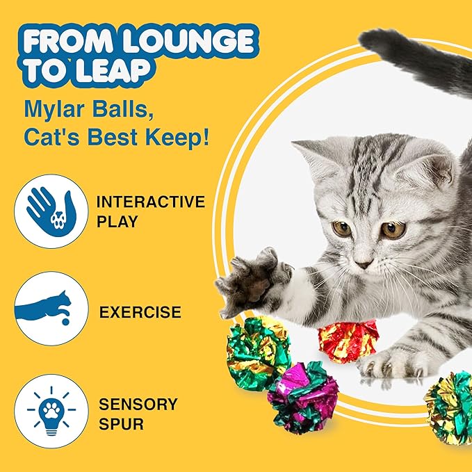 SunGrow 6 Pack Crinkle Balls for Cats, Shiny and Stress Buster Crinkler, Suitable for Multiple Cats' Play, Ideal for Kittens and Grown-up Cats