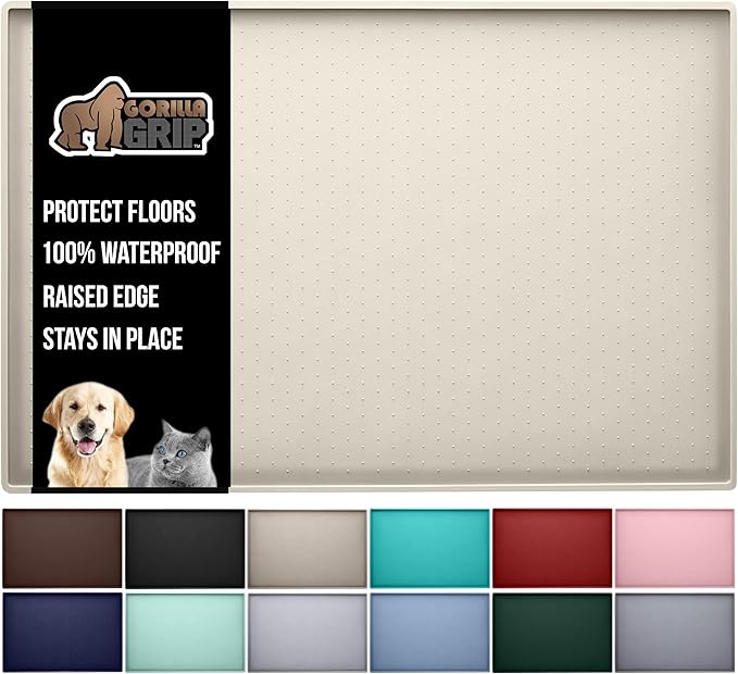 GORILLA GRIP 100% Waterproof Raised Edge BPA Free Silicone Pet Feeding Mat, Dog Cat Food Mats Contain Spills Protects Floors, Placemats for Cats and Dogs Water Bowl, Pets Accessories 16x10, Cream