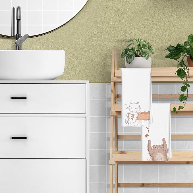 Cartoon White and Grey Cat Kitchen Towels Set of 2, Funny Cat Lover Mom Lady Gifts Dish Towels for Kitchen Decor, Cute Kitten Hand Towels for Bathroom Decor, 16x24 Inch