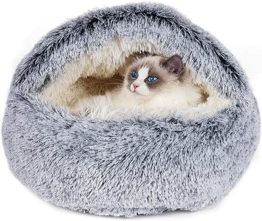Cat Beds & Dog Bed with Cover Cave, Dog Beds for Small Dogs, Round Soft Plush Donut Calming Pet Bed for Indoor Cats or Small Dog, Washable Puppy Bed with Non-Slip Bottom-24inch