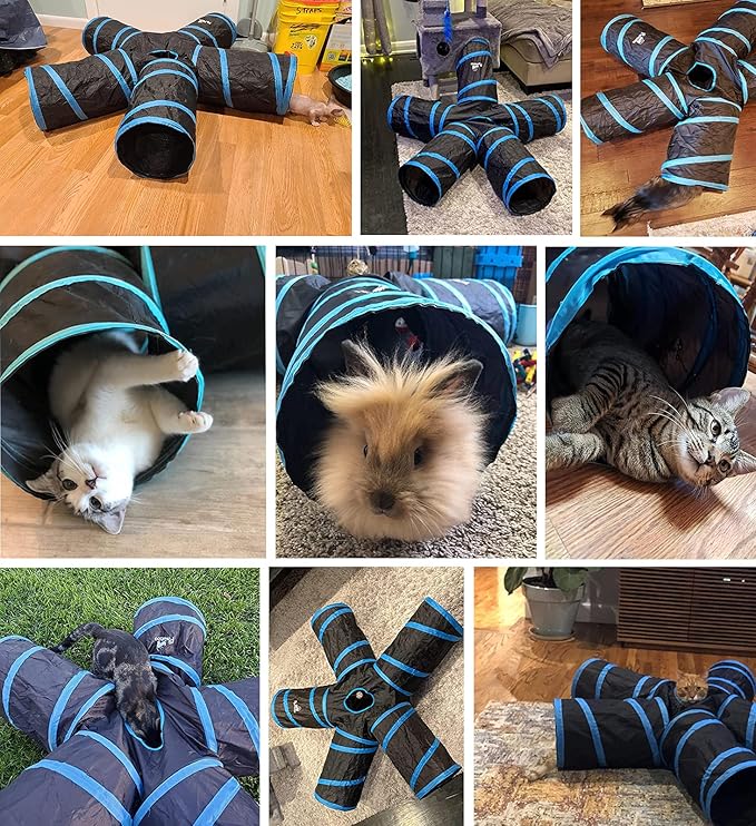 Pawaboo Cat Toys, Collapsible Tunnel Tube with Bells, 25x53cm, Blue