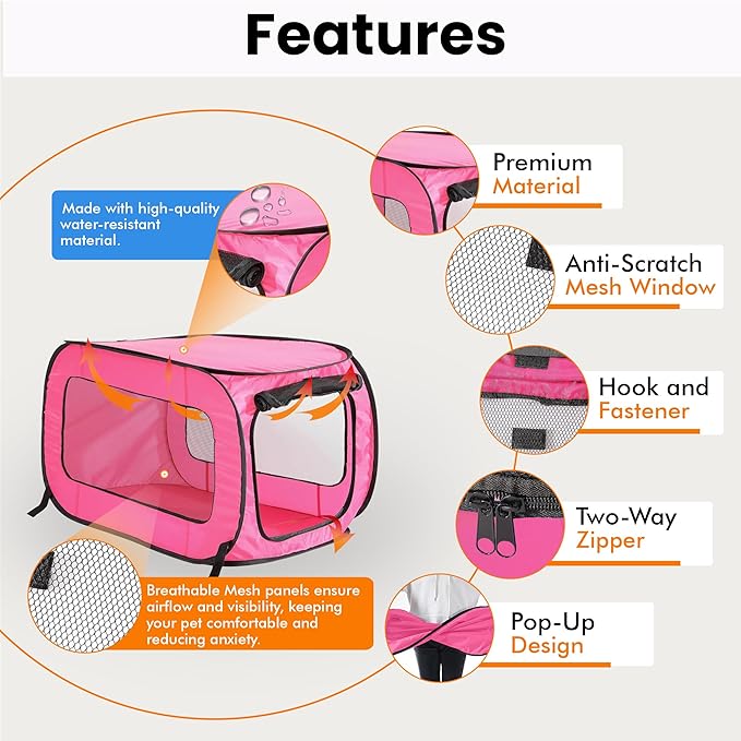 Beatrice Home Fashions Portable, Collapsible, Pop Up Kennel Travel Cat and Dog Crate, 32.5" L x 19.5" W x 19.5" H, Fuchsia