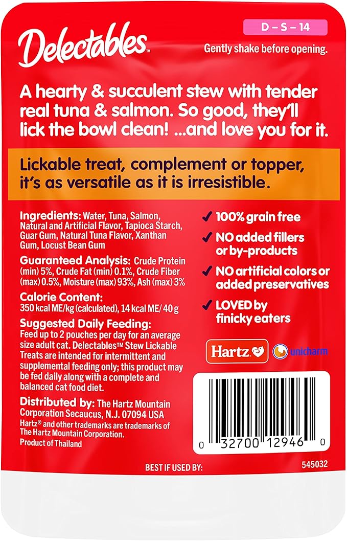 Hartz Delectables Stew Tuna & Salmon Lickable Wet Cat Treats, 1.4 Ounce (Pack of 12)