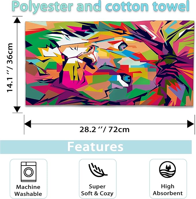 Lion Hand Towel Set of 2,Pop Art Lion Face Washcloths Fingertip Kitchen Towels 28 x 14 Inch Soft Bath Dish Cloth for Bathroom Gym Hotel Salon Spa Sport