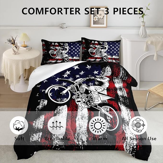 Axolotl Dirt Bike Comforter Set Queen,American Flag Bedding Set,Motocross Comforter Set,White Red Stripes Stars Comforter Set,Motorcycle Racer Comforter for Boys Kids Teens Men,1 Quilt 2 Pillowcases