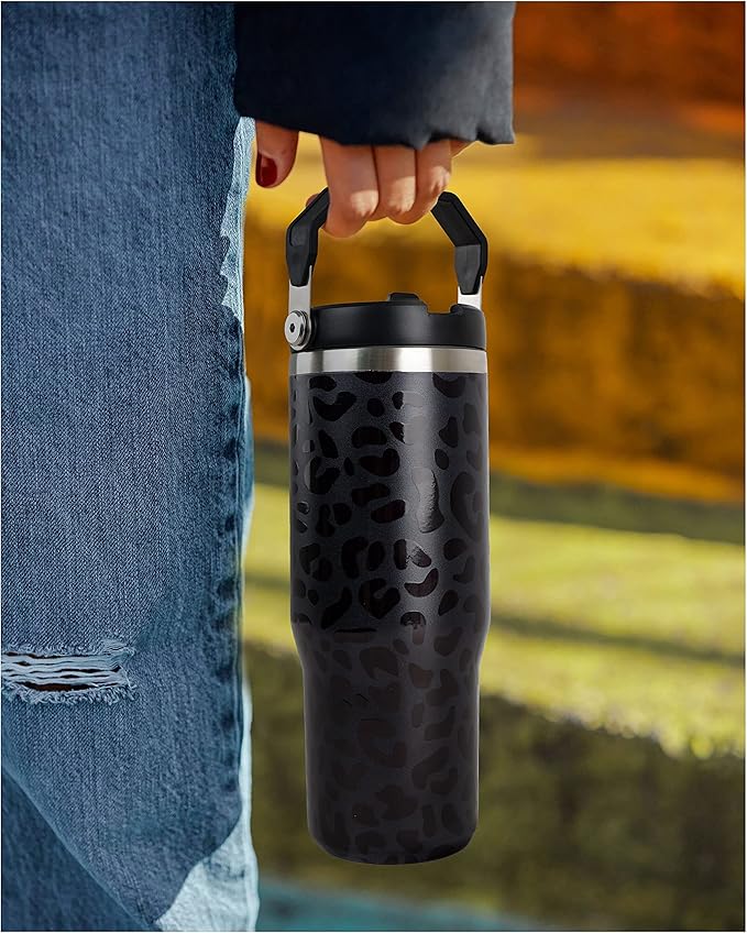 30oz Black Leopard Tumbler with Handle and Straw, Stainless Steel Vacuum Insulated Coffee Tumbler, Travel Mug Water Bottle, Leopard Stuff Accessories Decor, Leopard Gifts for Women