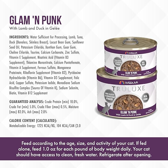 Weruva TruLuxe Cat Food, Glam 'N Punk with Lamb & Duck in Gelée, 6oz Can (Pack of 24)