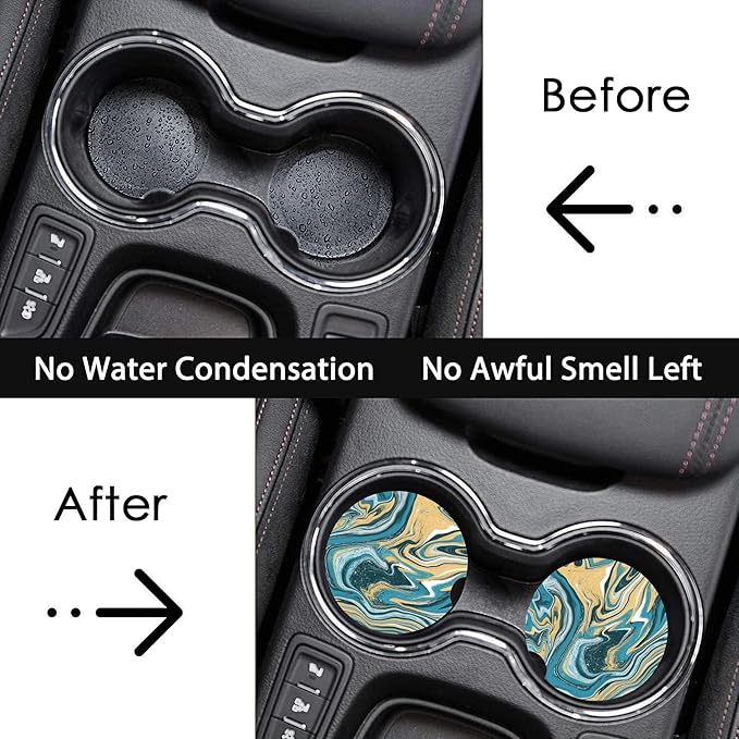 Blue Marble Car Cup Holder Coasters, 2 Pack Cup Coasters Car Accessories Interior Aesthetic for Men Women, Absorbent Ceramic Coaster with Cork Back, Retro Car Decoration Gifts