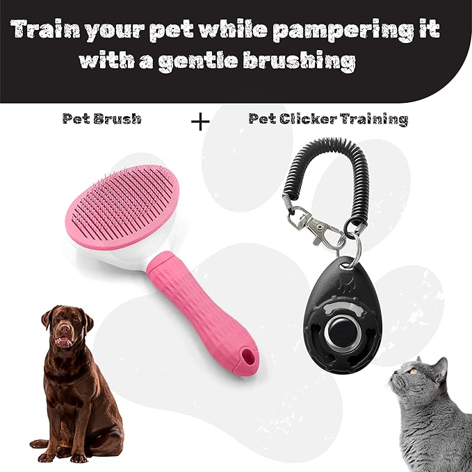 Cat & Dog Grooming Essentials: Self-Cleaning Slicker Brush for Shedding, Long Hair & Clicker for Training (PINK)