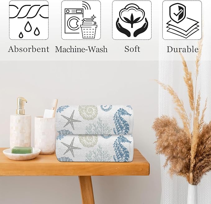 Seahorse Seashells Starfish and Coral Hand Towel for Bathroom Set of 2,Blue Marine Lifes Bathroom Hand Towel,Soft Absorbent Decorative for Hotel Home Decor