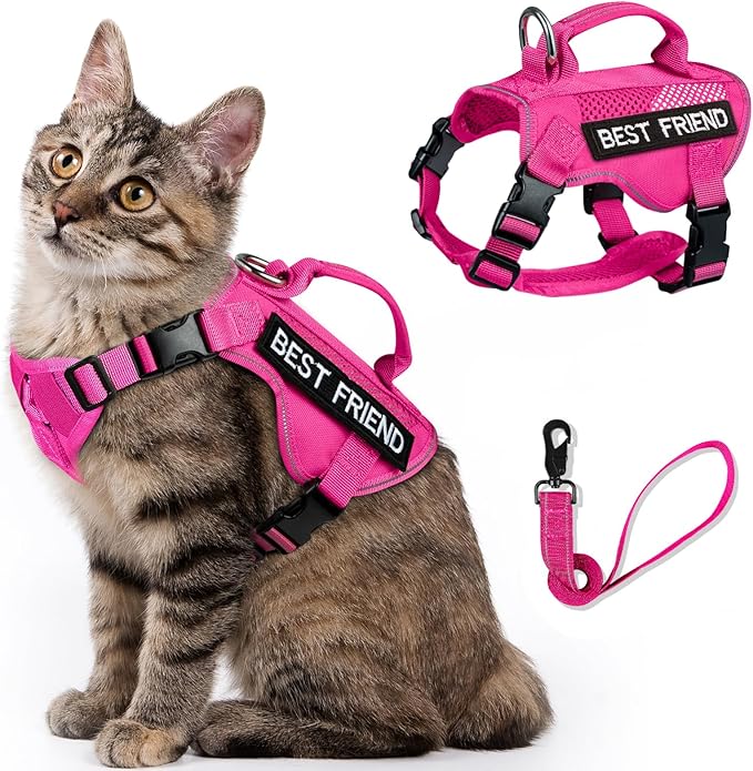 Tactical Cat Harness Leash, Air Mesh Cat Walking Vest Harness Escape Proof, Reflective Large Cat Harnesses with Handle for Adult Fat Cats (APink, L)