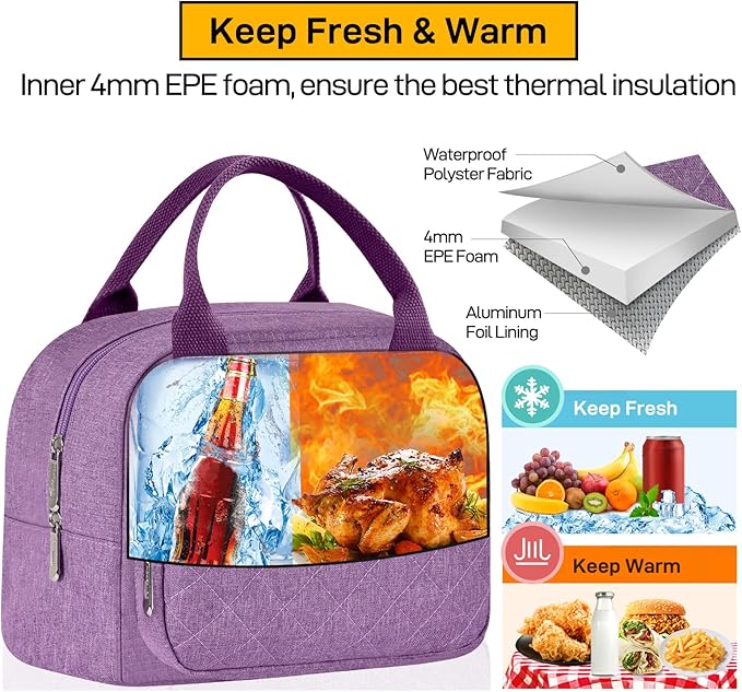 Buringer HOMESPON Lunch Bag for Woman Man Adults with Front Pocket Insulated Lunch Tote Lunch Box Container for Work Picnic or Travel（Purple）
