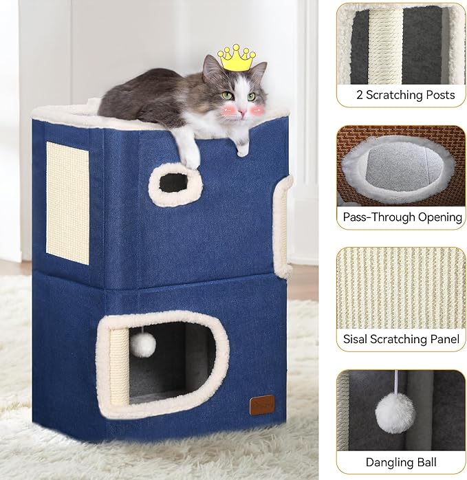 YITAHOME 2-Tier Cat House, Indoor Cat Cave Bed Playhouse, Flannel & Cool Mat, Covered Cat Beds with Scratch Pad and Hideaway Cave, Cute Modern Cat Condo Furniture for Multi Small Cats, Blue