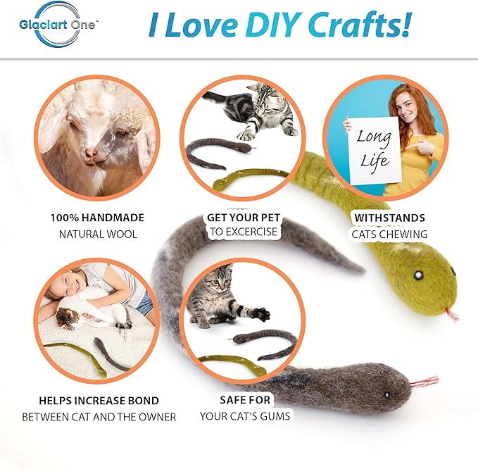 Glaciart One Felt Cat Snake Toy – Soft Fuzzy Enrichment 100% Natural Wool Toy - Interactive Catnip Play Cat Toy Set - Safe for Pets, Non-AZO Colored Dyes - 18” Long