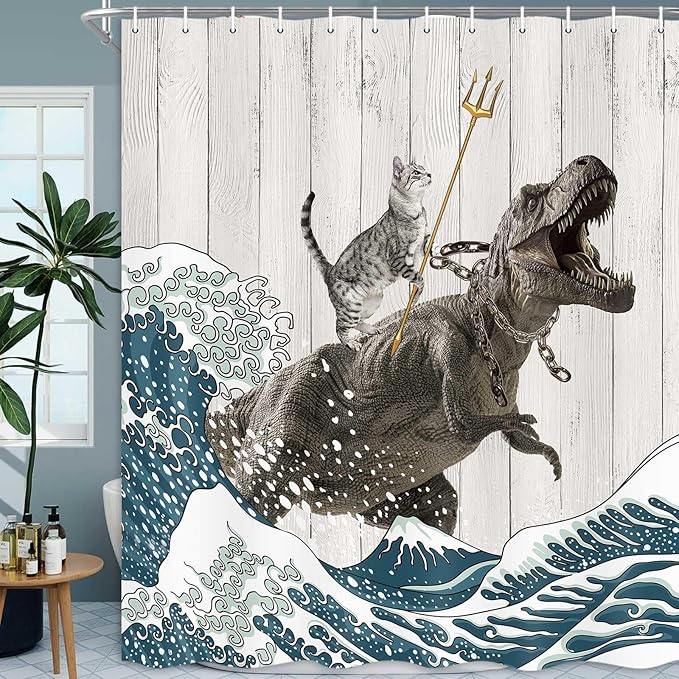 Boziqr Funny Cat Shower Curtain, Cool Cat Dinosaur Japanese Ocean Wave Decor Fabric Bathroom Curtains, Kids Children Rustic Wooden Farmhouse Shower Curtain, 70X70 Inches