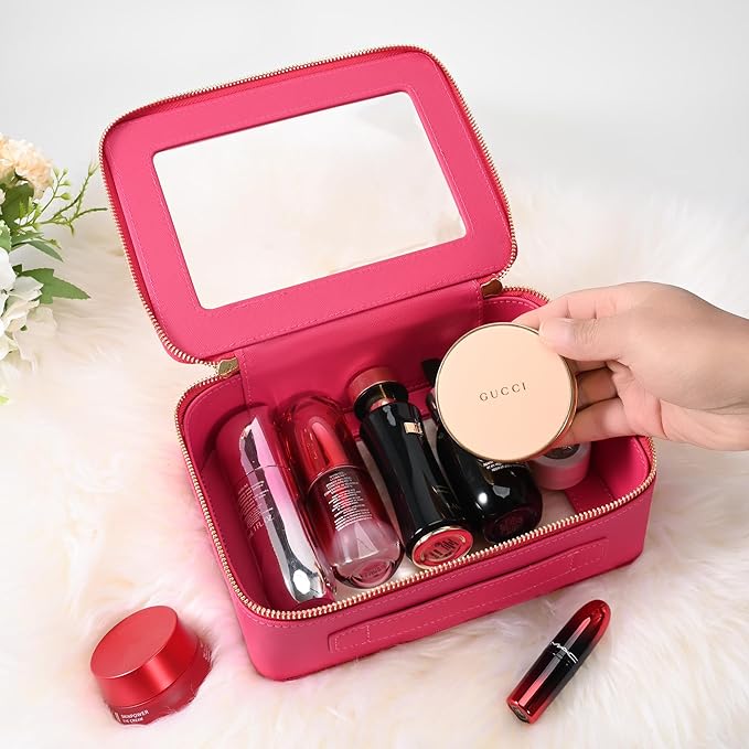 Aveniee Large Clear Makeup Bag Cosmetic bags, Travel Toiletry Bag for Women, Clear Make up Bag Case, Chic Makeup Pouch with Transparent Vinyl Windows & Gold Zippers(Hotpink)