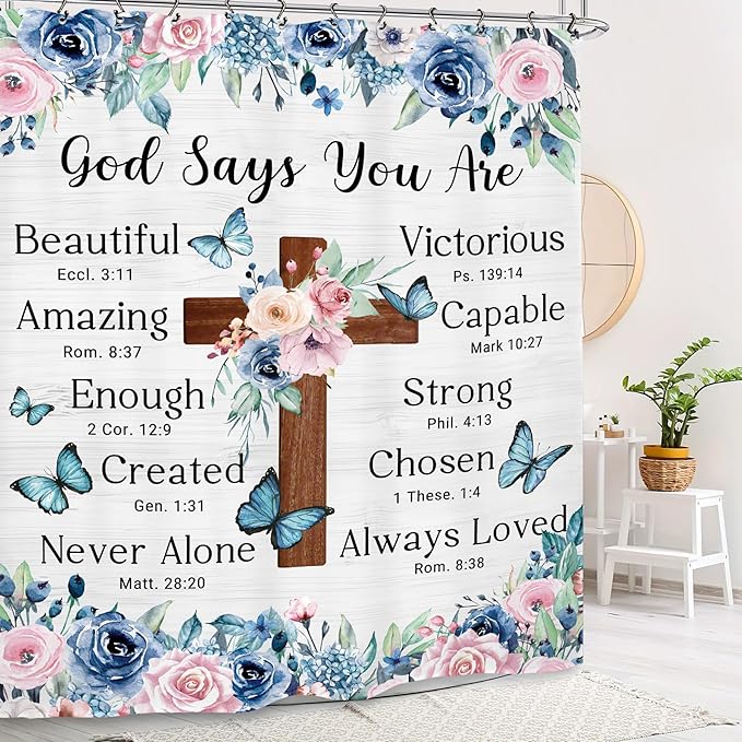 Bible Flower Shower Curtain 60Wx72L Inch Christian Scripture Cross Inspirational Motivational Positive Bathroom Set Accessories Decor with 12 Pack Hooks