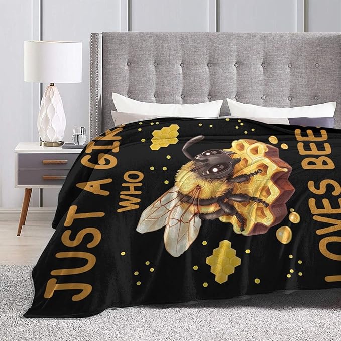 Bees Throw Blanket - Just A Girl Who Loves Bees Decor Stuff Merch Cozy Print Flannel Fleece Soft Plush Fuzzy Warm Lightweight Bedding Gifts for Women Men Kids 50"X40"