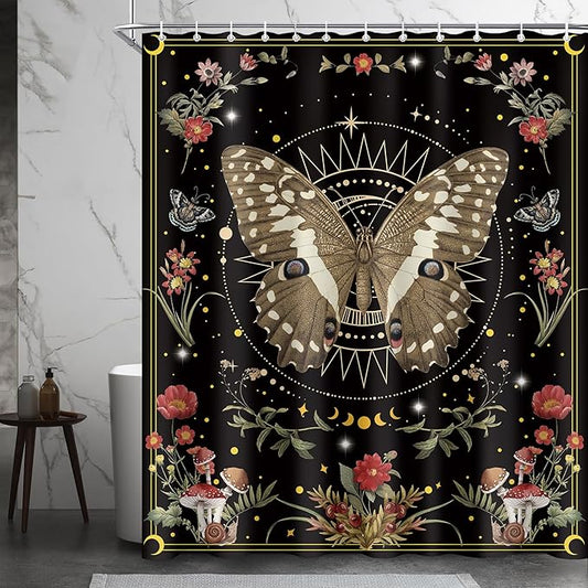 Black Red Moth Mushroom Flower Shower Curtain Sets for Bathroom 60Wx72H Wichy Boho Shower Curtain Gothic Polyester Bathtub Curtain Plant Butterfly Floral Bathroom Decor with 12 Hooks