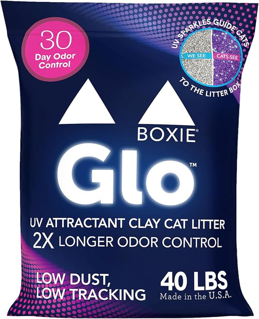 Boxie® Glo™ 30 Day Odor Control Clumping Clay Cat Litter, 40 lb, Multi-Cat, 99.9% Dust-Free, Low Tracking, UV Light Attractant, Superior Clumping for Easy Scooping
