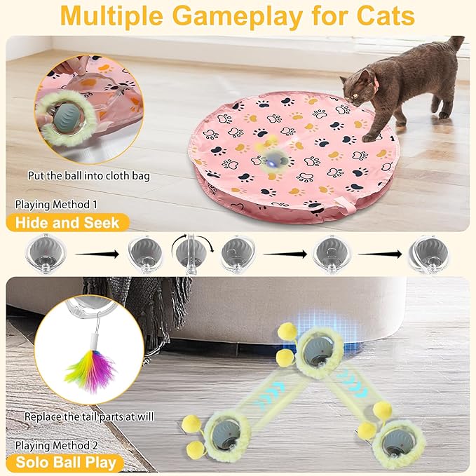 Cat Toys, Interactive Cat Toys for Indoor Cats USB Rechargeable, Automatic Motion Activated Moving Hide and Seek Self Rotating Electric Cat Ball Toy in Play Mat with LED Lights, 2 Plush Cover