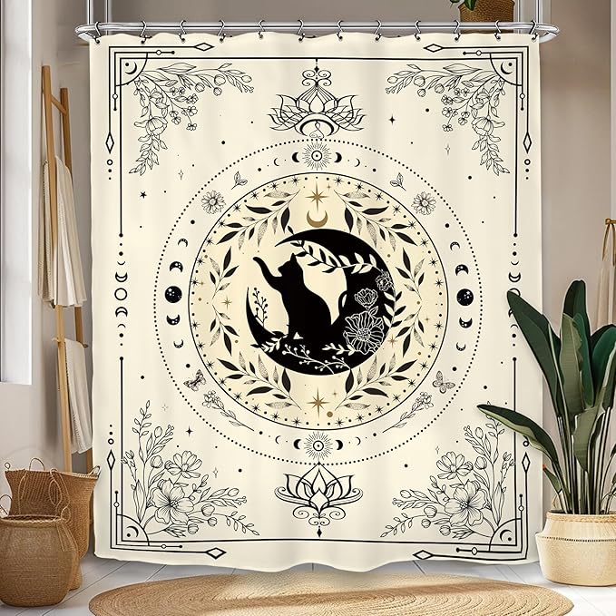 Black Cat Shower Curtain 60Wx72L Inch Gothic Moon Phase Flower Witchy Stars Mystic Celestial Beige Tarot Bathroom Set Accessories Decor with 12 Pack Hooks