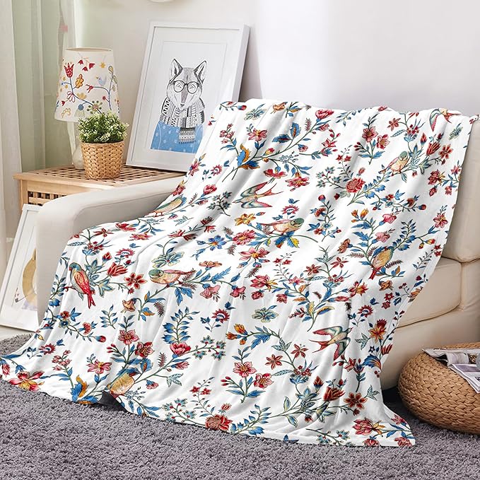 Bird Floral Throw Blanket Flower Plant Cozy Fuzzy Plush Throw Blankets Flannel Fleece Throw Blanket Gift for Women Girl Adult Boho Blankets for Bed Sofa Travel 60" x 80" Inch