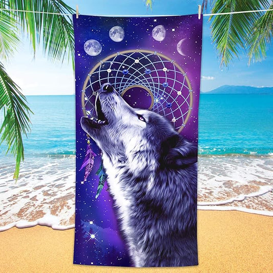 Bonsai Tree Wolf Beach Towel, Cool Dream Catcher Microfiber Bath Towel Gifts for Boys Kids, Funny Blue Purple Galaxy Space Animals Sand Free Quick Dry Travel Towels for Mens Pool Sports 30" x 60"