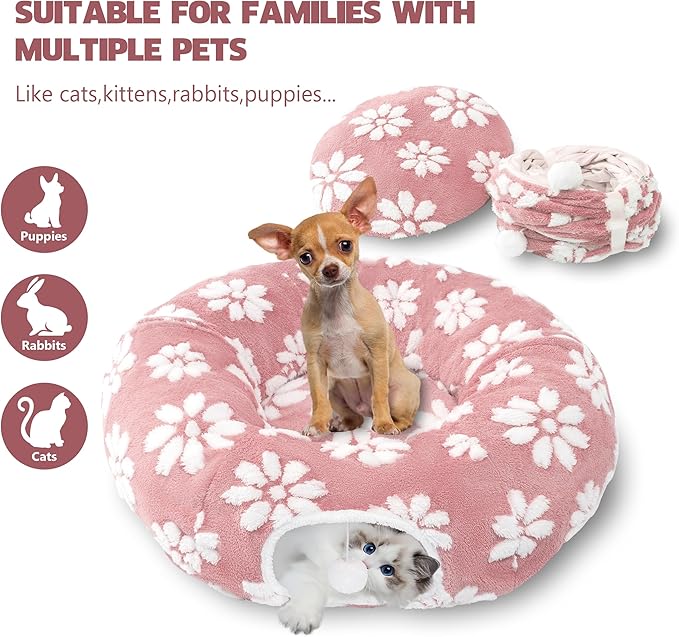Cat Tunnel for Indoor Cats, Cute Peekaboo Cat Cave Play Tunnel with Dangling Balls, Pet Donut Tunnel Bed with Circle Mat for Cat Puppy Kitten Rabbit, Pink