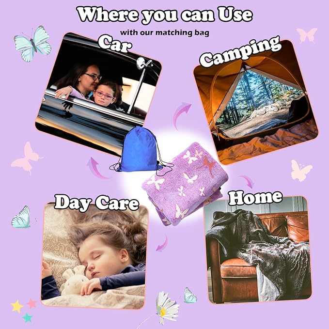 Best Gift Butterfly Glow in The Dark Throw Blanket with Storage Bag, Best Gift Soft Throw Blanket for Girls Boys, Camping Blanket, Gifts for Children Ages 1-10, Kids Blanket, Purple