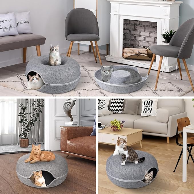 Peekaboo Cat Cave,Cat Tunnel Bed for Indoor Cats - L - 24 * 24 * 11 inch,Cat Donut Tunnel for Pet Cat House,Detachable Round Cat Felt & Washable Interior Cat Play Tunnel