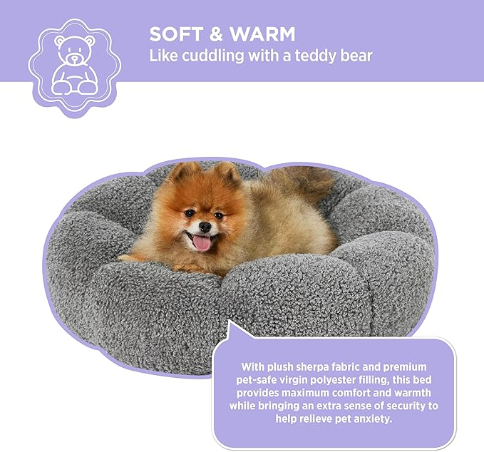 Lesure Calming Small Dog Bed - Flower Donut Round Fluffy Puppy Bed in Plush Teddy Sherpa, Non-Slip Cute Flower Cat Beds for Indoor Cats, Small Pet Bed Fits up to 25 lbs, Machine Washable, Grey 23"
