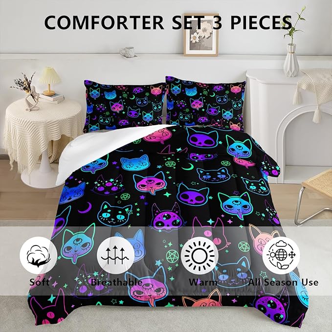 Axolotl Cat Comforter Set Twin,Kawaii Trippy Cat Moon Stars Bedding Set with 1 Comforter 2 Pillowcases for Kids Boys Girls Teens Adults Room Decor All Season,Colorful Neon Trippy Bed Set