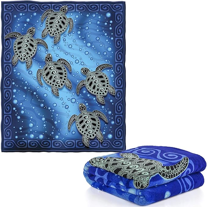 Dawhud Direct Sea Turtle Fleece Blanket - 50 x 60 Inch Soft Plush Throw for Bed Couch or Travel - Ocean-Themed Blanket and Sea Turtle Gifts for Women and Kids - Blue Tribal Design