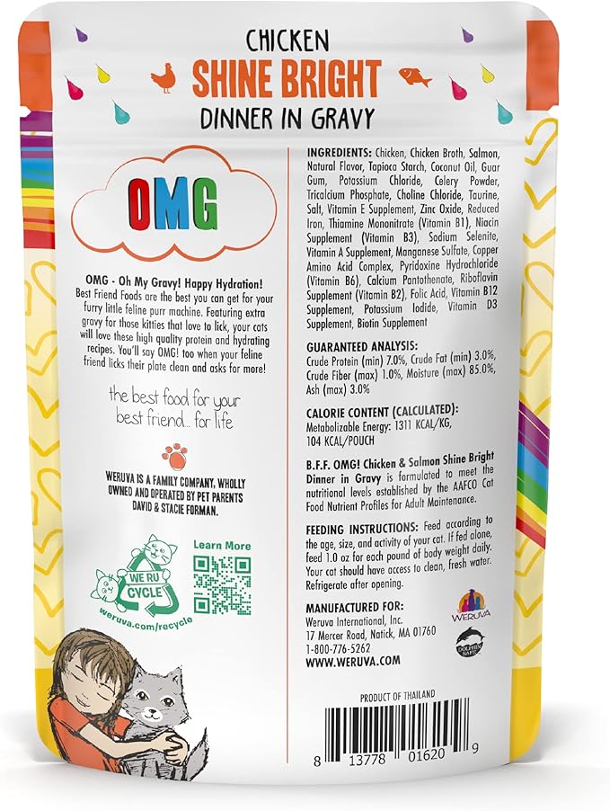 Weruva B.F.F. OMG - Best Feline Friend Oh My Gravy!, Chicken & Salmon Shine Bright with Chicken & Salmon in Gravy, 2.8oz Pouch (Pack of 12)